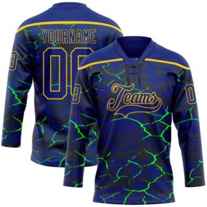 Custom Royal Green Black-Yellow 3D Pattern Lightning Hockey Lace Neck Jersey