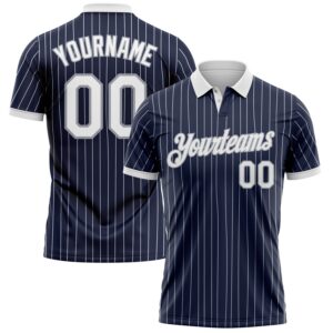 Custom Navy White Pinstripe-Gray Performance Polo Shirt