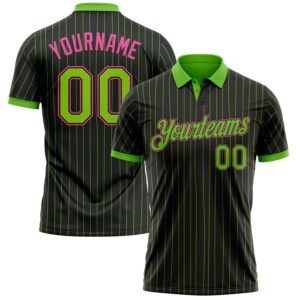 Custom Black Neon Green Pinstripe-Pink Performance Polo Shirt