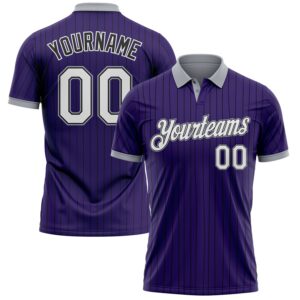 Custom Purple Black Pinstripe White-Gray Performance Polo Shirt