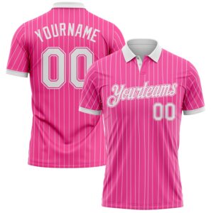 Custom Pink White Pinstripe-White Performance Polo Shirt