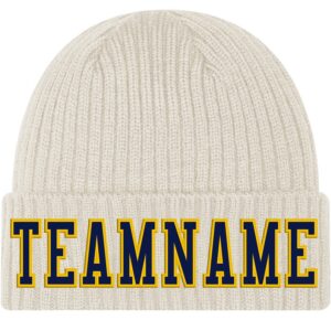 Custom Cream Navy-Gold Stitched Cuffed Knit Hat